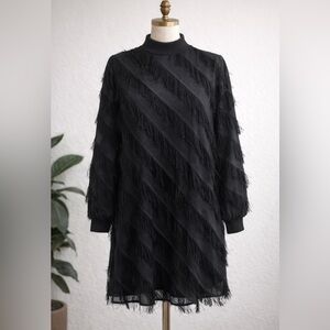 Elegant NWT Black Fringe Long Sleeve Midi Dress